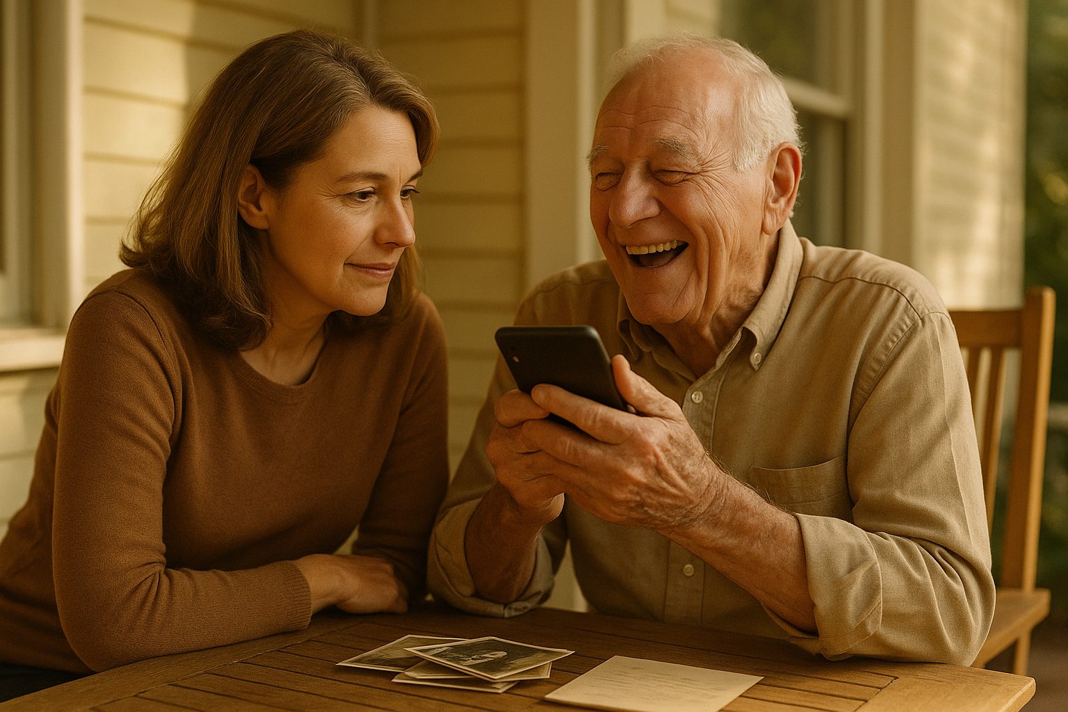 A father on his porch, laughing as he records a story on his phone while his daughter listens